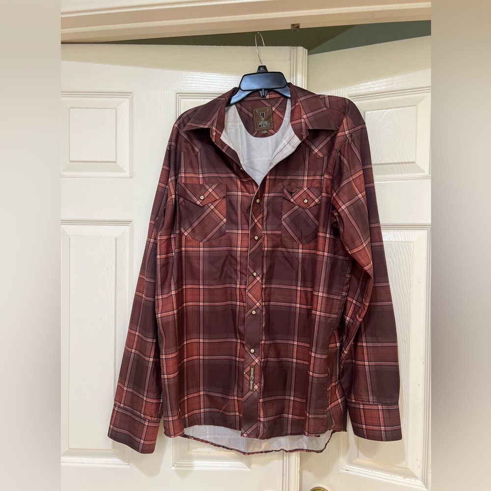 Men’s Sz‎ 2XL  Burgundy Red Plaid Pearl Snap Flannel Shirt Western Cowboy Rodeo